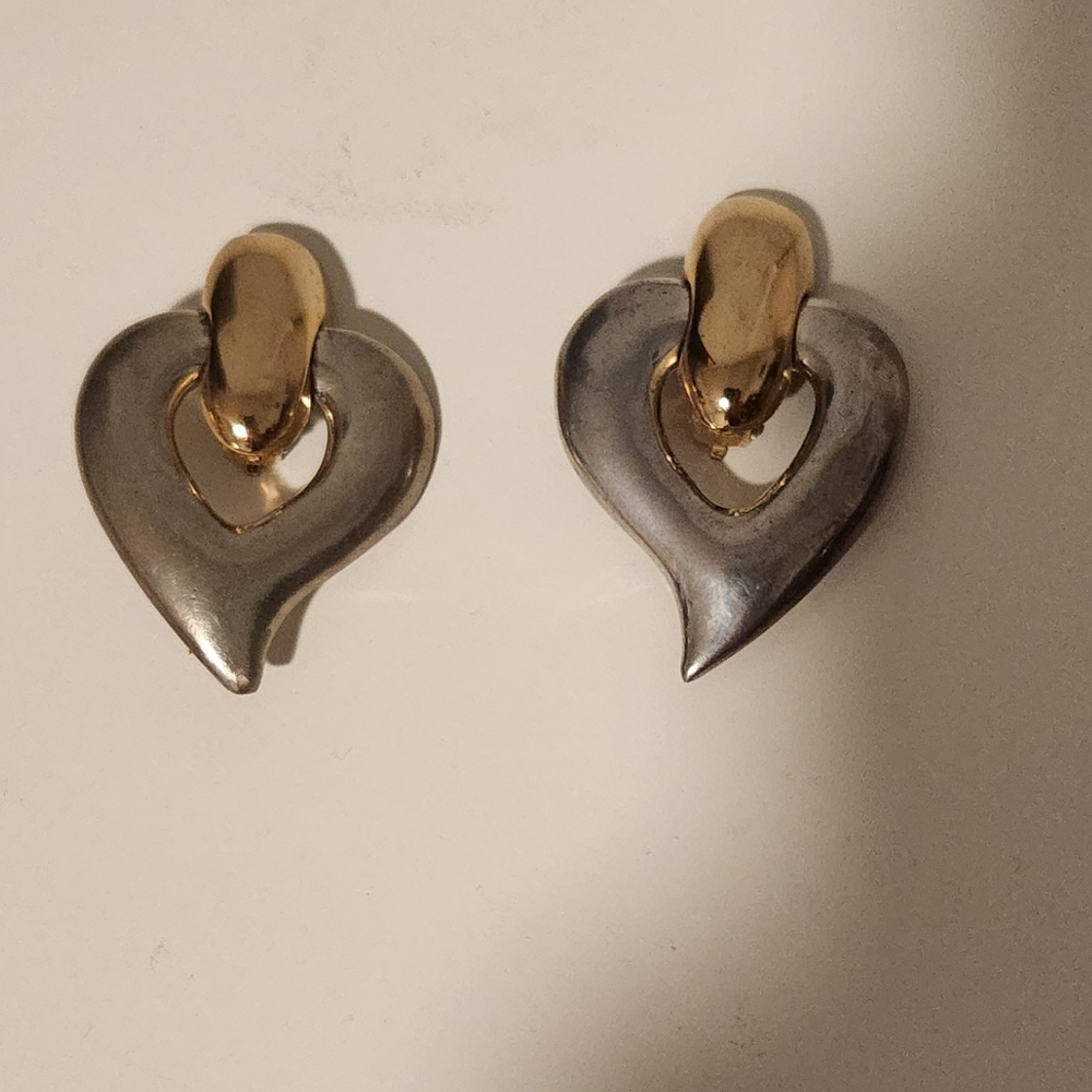 Vintage Gold and Silver Heart Earrings Clip On, B&W  Brand